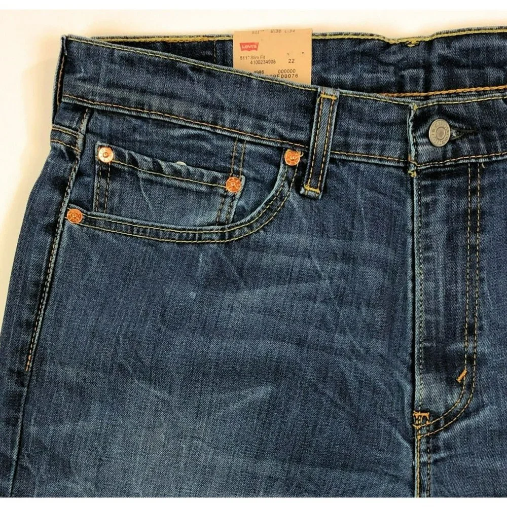 Levis 511 Slim Fit Tapered Leg Mens 36x34 Blue Jeans Distressed Denim Red Tab - Picture 4 of 12